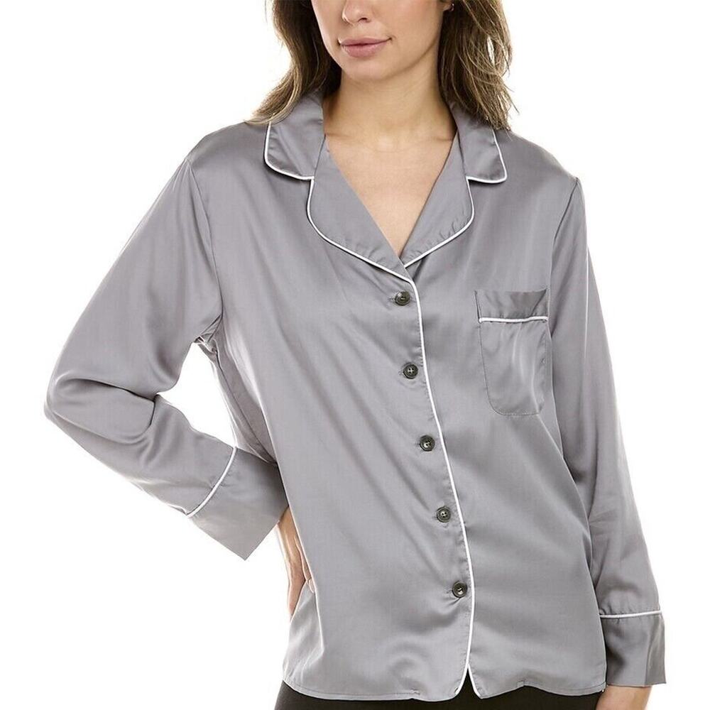 Ettitude Sateen‎ Long Sleeve Pajama PJ Shirt Bamboo Button Front Gray Med NEW